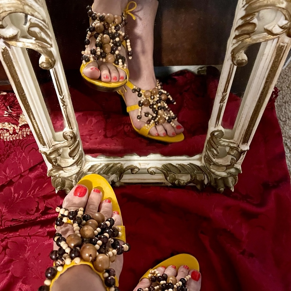 Georgina Goodman Sandals with Heels-Yellow Leather, Wooden Beads-Sz 38 (7.5)